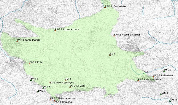 Cartografia con la posizione delle stazioni di monitoraggio PAF, PAS e dei piezometri